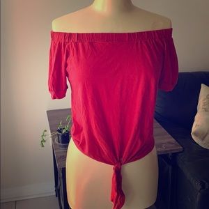 Super cute red off the shoulder top with front tie